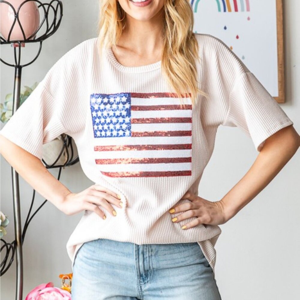 Urban Ribbed Top with Sequins Flag Patch